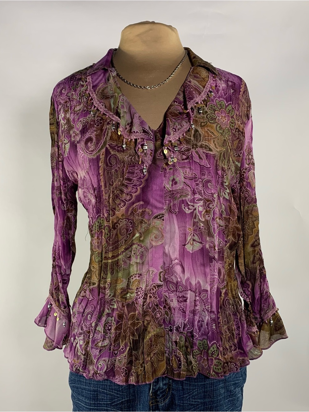 Y2K Dressbarn Purple Paisley Sequin Mesh Blouse